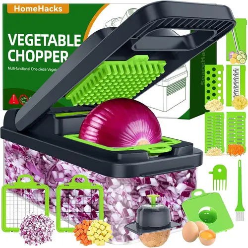 HOMEHACKS 14-in-1 Multifunctional Meat Vegetable Cutter - Manual Cheese Shredder, Modern Potato Cutter, 7 Blades (2 Chopper Blade Sizes), Included Container, Secure Riveted Cuts, Scrape+Brush Cleanup, Practical Kitchen Utensils, Food-Grade ABS Tool,sohoch
