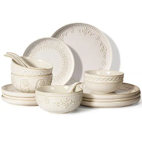 Order Get FREE 4-pcs Set Gift！Artena 16-Piece Embossed Ceramic Dinnerware Set Service for 4, Microwave & Dishwasher Safe Elegant Textured Plates Bowls Kitchen Tablewar, Cutlery, Tableware