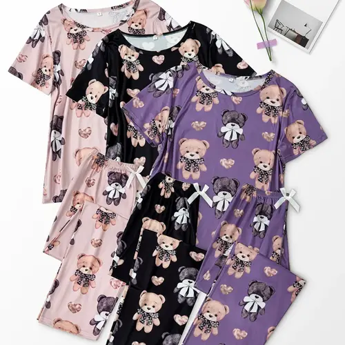 Women's Cartoon Bear Print Short Sleeve Tee & Elastic Waist Pants Pajama Set, Casual Comfy Round Neck T-Shirt & Trousers PJ Set, Ladies All Seasons Sleepwear Lounge Pjs Set Loungewear Pyjamas