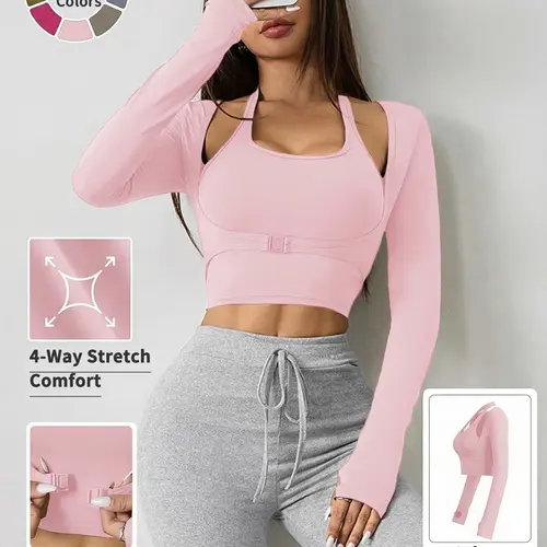 Women's Solid Color Long Sleeve Thumb Hole Design Halter Neck 2 in 1 Sports Tee Gym Yoga Tops for Yoga Gym Workout Clothes, Ladies Sportswear for All Seasons