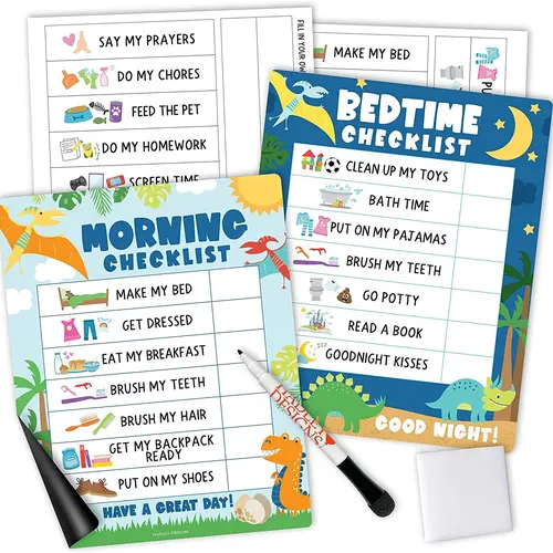 Hadley Designs Kids Day & Night Routine Charts 8x10 inch Magnetic Morning & Bedtime Checklists with Stickers Dry Erase Marker & Melamine Eraser for Preschoolers Ages 4-8 Learning Tools Visual Learning Materials
