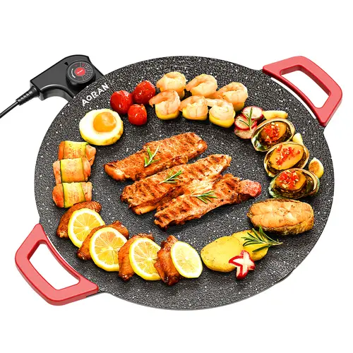 AORAN Large Round Portable Electric Comal - 1000W Power (200W & Above), Smokeless Non-Stick Edible Coating Teppanyaki Griddle, 2 Cool Touch Handles, Adjustable Temp (248-482°F), Space-Saving Low Fat Grill for Tortilla, Summer Use, 200 W & Above