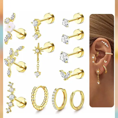 LOLIAS Women's 12Pcs 16G 316L Stainless Steel Cartilage Earrings Set - Hypoallergenic, CZ Studs, Hoops, Screw Back Design, Silver Plating Keeps Shine Lasting, Metal Coating, Non-Tarnish Earring Stack for Tragus, Helix,sohochic