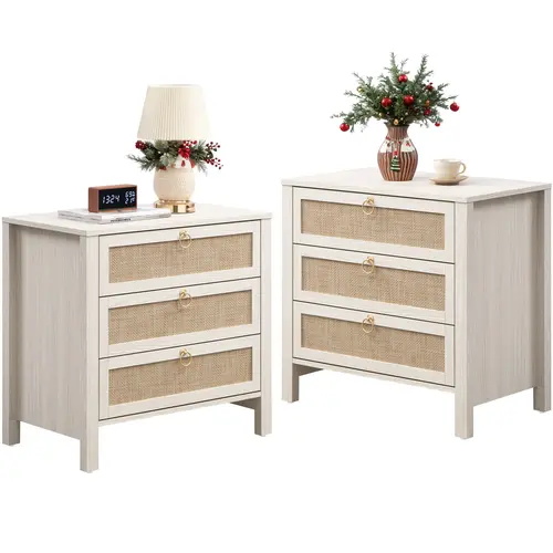 SICOTAS White Night Stand with Drawers - 15.55"D x 26.78"W x 25.67"H Rattan Bedside Table with Golden Handle, 3 Drawers Nightstand Side Table Boho Nightstand for Bedroom, Perfect for Any Bedroom, Durable and Stable