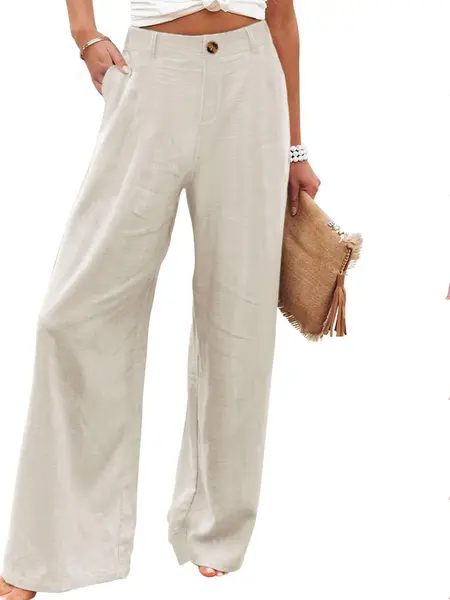 Molitree Women's Cotton Linen Wide Leg Pants High Waisted Loose Fit Casual Trousers with Button Up Breathable Summer Summervibes Travel Beach Pants Apricot Casual Work Pants Casual Fashion Trousers