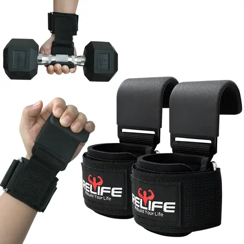 RELIFE Heavy-Duty Reinforced Nylon Hook Straps with Neoprene Padding, Steel Hooks, Anti-Slip Grip - Adjustable Gym Bodybuilding Deadlifts Strength Training Powerlifting Fitness Equipment