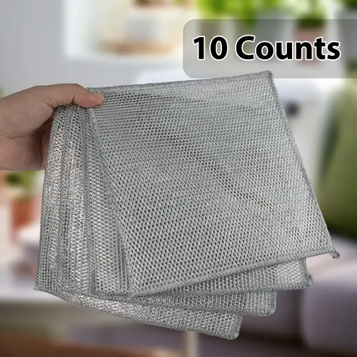 10 Counts Steel Wire Dishwashing Cloth, Double-Layer Wire Dishwashing Rag for Dry and Wet Cleaning, Non-Scratch Wire Dishcloth Rag for Cookware, Sinks, Dishes, Stove Tops