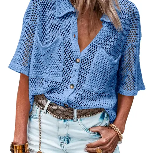 FISOEW Womens Crochet Lightweight Cardigan Sweaters Short Sleeve Summer Button Down Collared Loose Cover Up Shirts Tops Jeans