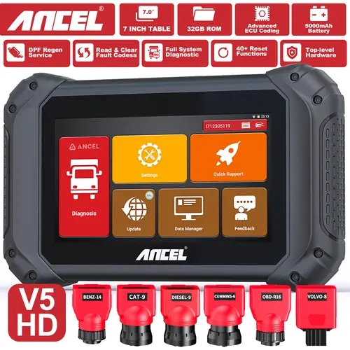 ANCEL V5 HD Heavy Duty Truck Scanner: Bidirectional Diagnostic Tool with 40+ Resets, DPF Regen & ECU Coding – ABS/SRS/Engine Coverage for 12V/24V Trucks (Cummins/Detroit/Paccar) Vehicle