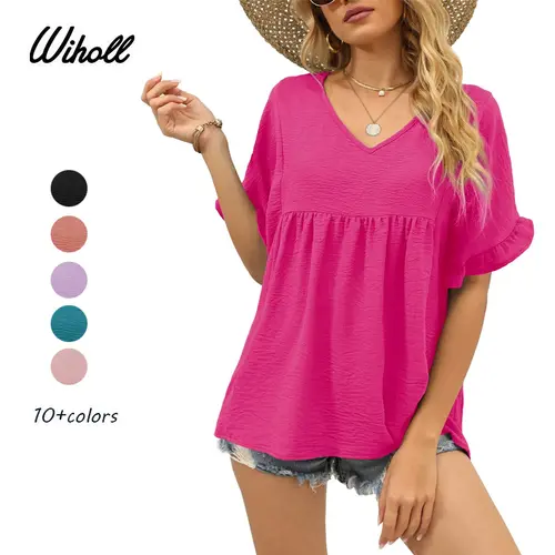 WIHOLL Women's Elegant Peplum Blouse - V-Neck, Ruffle Sleeves, Loose Fit, Breathable Polyester Fabric Summer Top, Blouses for Women,sohochic