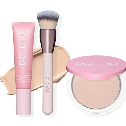 Doll 10 TCE Liquid Filter Foundation with Powder & Brush Concealer Cosmetic Makeup Coverage Airbrush Niacinamide