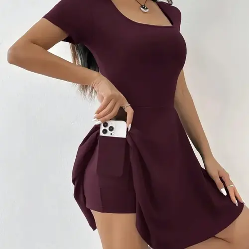 Women's Plain Short Sleeve Breathable Elastic Dress with Pocket Design, 1 Count Piece Elegant Chic Casual High Stretch Fit Dress for Summer, Ladies Clothes Womenswear for Daily Wear, Casual Summer Dresses