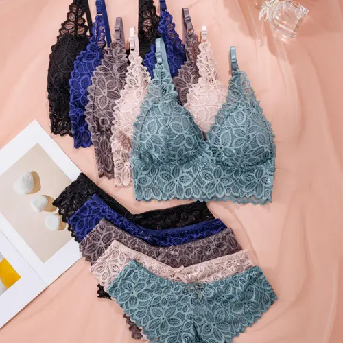 Women's Floral Lace Adjustable Strap Push Up Bra & Panty Set, Casual Comfy Breathable Bra & Knicker Set, Lingerie Set for Women, Bra Sets, Underwear, Clothing