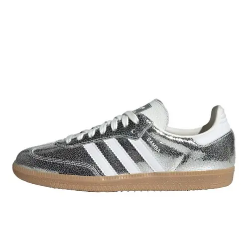 Adidas Women's Samba OG Classic Sneaker - Silver Metallic Cracked Leather Texture Sports Shoes for Daily Wear, Casual Training, Walking