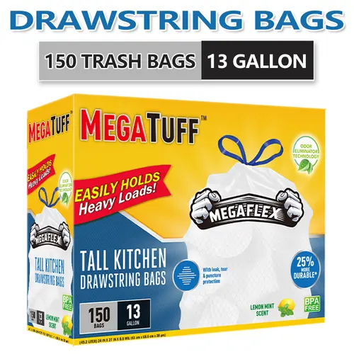 150-Count 13gal Scented Lemon Mint Trashbags, Boxed, Deodorizing Odor Control, Puncture-Resistant, Non-Tear, Easy-Use Drawstring for Kitchen Home Care Supplies