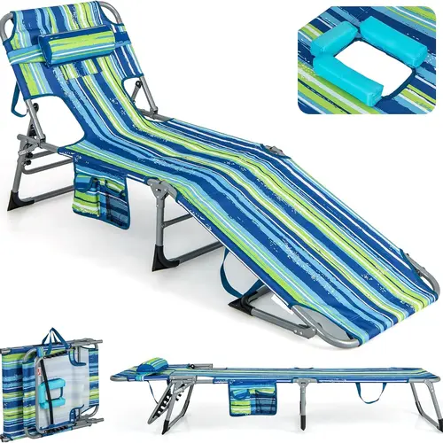 [Costway] Tanning Chair, Folding Adjustable Patio Lounge Chair with Face Hole, Removable Pillow, 330LBS, Carry Strap, Outdoor Sunbathing Chair, Lightweight Portable Beach Lounge Chair