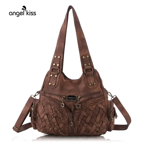 Angel Kiss Women's Washed PU Leather Quilted Bag - Casual Crossbody, Adjustable Zipper Hobo Shape, Everyday Purse, Bags for Women Purses, Shoulder, Top Handle, Satchel, Messenger, Tote, Stylish Crossbody, Angel Kiss Bag