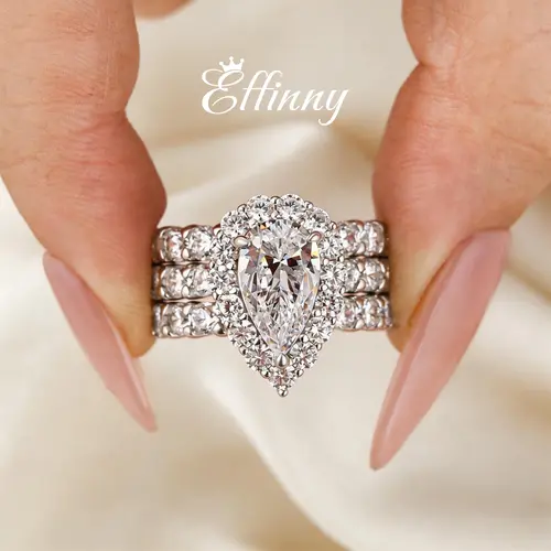 Effinny 3.0ct 925 Sterling Silver 3PC 14K Gold Plated Halo Pear Cut No Tarnish Wedding Ring Set, Fashion Jewelry Women's Ring Set for Daily Wear, Travel-Friendly, Engagement Wedding Bands, Non Tarnish Jewelry