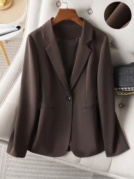 Women's Button Front Blazer Jacket, Slim Fit Long Sleeve Coat, Office Style, Spring & Fall Fashion, Plain Design with Pockets