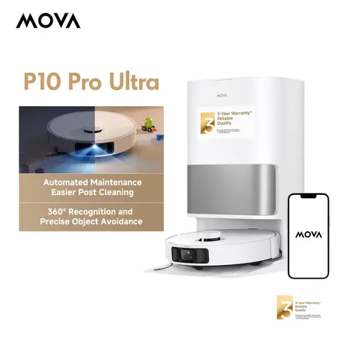 Mova P10 Pro Ultra Robot Vacuum and Mop with Self-Emptying, Robotic Vacuum with 13,000Pa Suction Vacuum Cleaner and 360°Obstacle Avoidance, 140°F Hot Water Auto Mop Washing&Drying, 10.5mm Mop Lifting for Carpet, App Control, Dual Extensions, Deep Cleaning