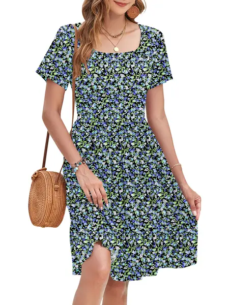 AUSELILY Womens Square Neck Dresses Ditsy Floral Print Short Sleeve A-Line Ruffle Empire Waist Sundress with Pockets 2026 Shortsleeve