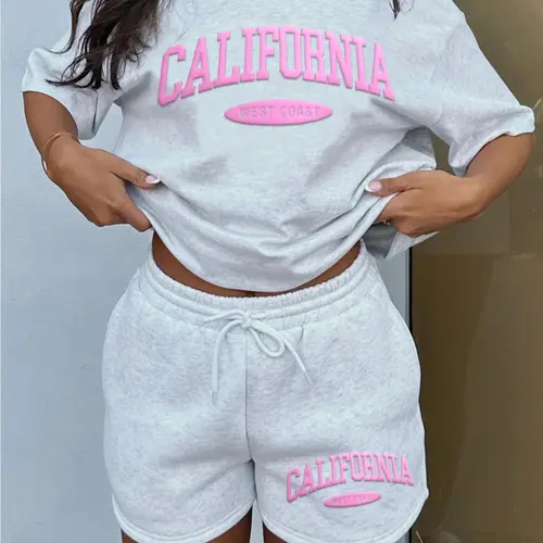 Women's Letter Print Tee & Drawstring Waist Shorts Set, Cozy T-shirt & Shorts for Daily Outdoor Wear, Ladies Summer Clothes, Suits, Short Pants Set