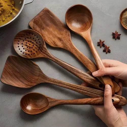Wooden Utensils Set - 5/10pcs Non-Stick Functional Set with High Heat Res Handles, Includes Wooden Spoon, Nonstick Spatula & Wok Tool, Easy Warm-Water Wash Kitchen Gadgets for Home Use