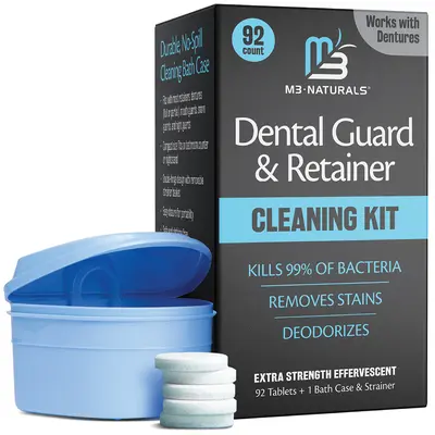 M3 Naturals Oral Retainer Cleaner Kit - Lightweight Cleansing Tablets, No-Mess Design, Universal Denture Bath Case with Strainer for Mouthpiece Stains, Odor, Plaque (92 Tablets + 1 Bath)