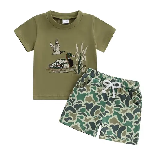 Hunting Baby Clothes Toddler Boy Short Sleeve Mallard Duck Embroidery Crew Neck T‑Shirt Tops and Camouflage Shorts Country Farm Summer Clothes Two Peice Outfit Set