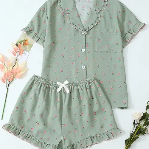Women's Floral Print Pocket Shirt & Shorts Pyjama Two-piece Set, Casual Comfy Short Sleeve Collared Top & Shorts PJ Set, Ladies Summer Sleepwear Pajamas, Lounge Wear Set, Nightwear Pajama Set