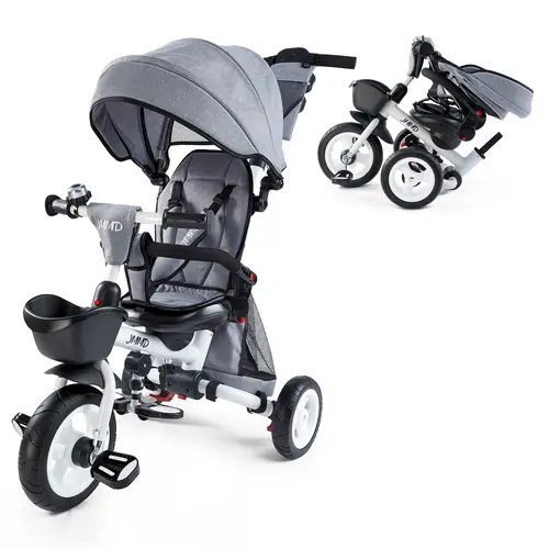 JMMD 7-in-1 Folding Toddler 3-Wheel Bike (18 Months-5 Years) - Metal Frame Traveling Stroller with Adjustable Handle, Safety Harness, Wheel Brakes, Removable Canopy, Storage, Parent Handle (Grey Ride-on Toy Gift),sohochic