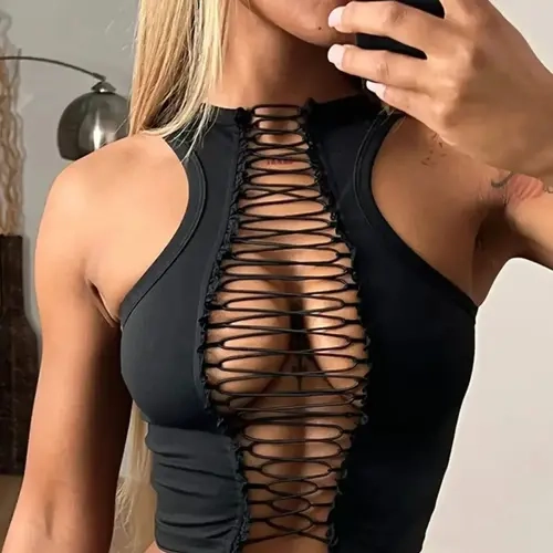 Women's Solid Color Lace Up Crop Short Fitted Tank Top, Fashion Casual Sleeveless Cropped Top for Daily Outdoor Wear, Ladies Clothes for Summer, Womenswear