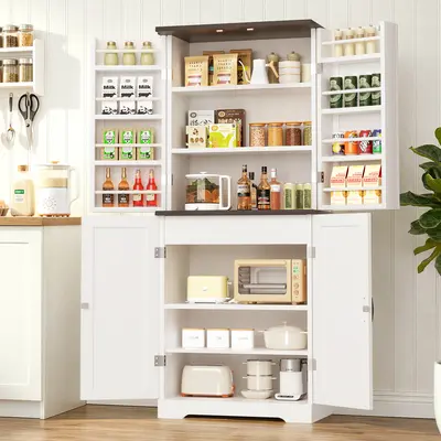 Walsunny Farmhouse Kitchen Pantry Storage Cabinet with 4 Barn Doors and adjustable Shelves ,Middle Drawers, 28x15.6x66.7in Storage Furniture for Living Room Decor, Storage Organization, Bathroom Use