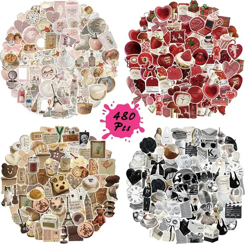 PRSTINCOL 480pc DIY Variety Vintage Vibe Fast Vinyl Stickers - Compact Scrapbooking & Stamping Accessories, Durable Personalized DIY Supplies, Easy-Apply Junk Journal Aesthetic Sticker Deco for Water Bottles, Daily Gear
