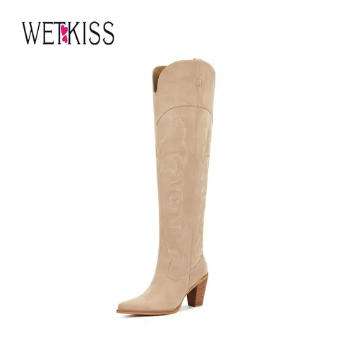 Wetkiss Thigh High Cowboy Cowgirl Boots for Women, Over the Knee with Vintage Embroidery, Side Zipper, Chunky Heel Design, Women's Shoes, Women's Boots , #WeeklyDeals #sohochic