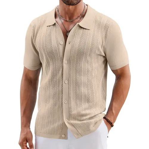 COOFANDY Mens Knit Button Down Shirts Short Sleeve Vintage Polo Shirt Casual Vacation Beach Shirts