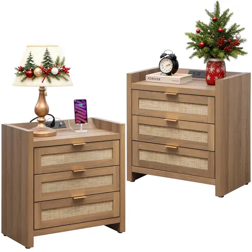SICOTAS Rattan Modern Nightstand with Charging Station - 24.8”W x15.4”D x26.5”H Boho Wood Bedside Table, 3 Mesh Drawers, USB & Type-C Ports, Storage Nightstand for Bedroom, Living Room, Durable Stylish End Table