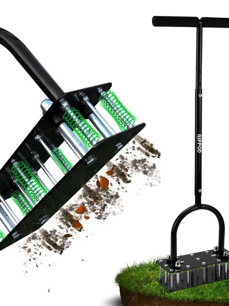 RIFPOD Lawn Aerator - Aerator Lawn Tool, Automatic Dirt and Leaf Clean Design, Heavy Duty Manual Lawn Aerator Tool with 15 Iron Spikes, Height Adjustable, Yard Grass Aerator for Lawn (Black)