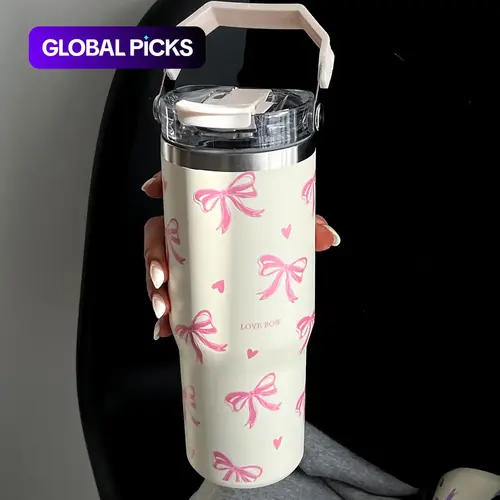 Bow and Heart Pattern Vacuum Insulated Stainless Steel Insulated Drink Tumbler, Flask, Insulated Vacuum Drinkware, Large Water Bottle with Handle and Straw for Home, Office or School, Insulated Travel Tumbler #GLOBAL PICKS