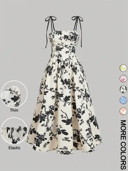 Women's Floral Print Tie Shoulder Adjustable Cami Fitted Lightweight Dress, Fashion Casual Chic Aesthetic Sleeveless Spaghetti Strap Dress for Daily Outdoor Wear, Women Dress for Summer, Fashion Sundress