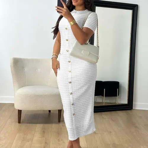 Women's Plain Basic Zipper Back Round Neck Chic Dress, Casual Fake Button Decor  Short Sleeve Crew Neck Dress for Daily Wear, Ladies Elegant Clothes for All Seasons, Minimalist Solid Dress