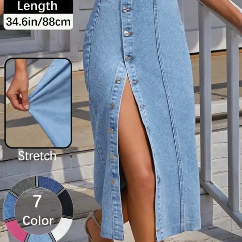 OBlue Jeans Women's  Button Front Light Wash Denim Split Hem Skirt, Casual Fashion Fitted Skirt for Daily Wear, Ladies Bottoms for All Seasons, Button Fly Skirt, T-Chic, All Season Skirts
