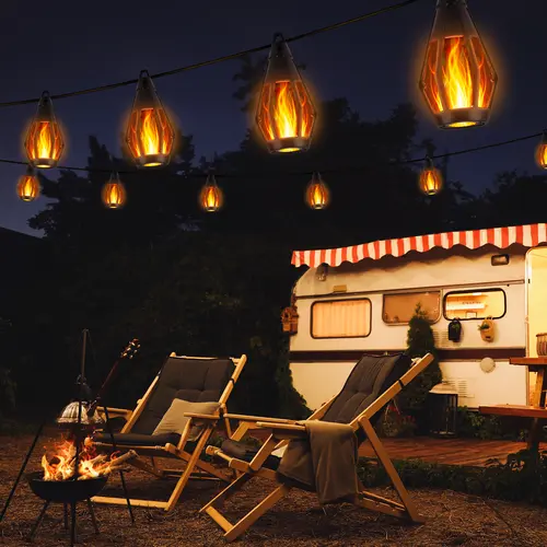 FLACCHI Solar-Powered Flame LED Light Strips, 42ft (15.45m) 15-LED Sparkle Waterproof Solar Outdoor Lights, 1.44W Energy-Efficient Eco-Friendly Ambient Lighting for Backyard Glow Up, Campfire/BBQ Party Decor,sohochic
