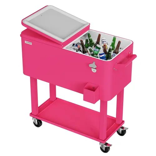 [Summervibes] VINGLI 80 Quart Rolling Ice Chest, Portable Patio Party Bar Drink Cooler Cart, with Shelf, Beverage Pool with Bottle Opener