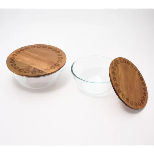 Aarti Sequeira 2-Pc Nestable Glass Serving Bowls w/Etched Acacia Wood Lid
