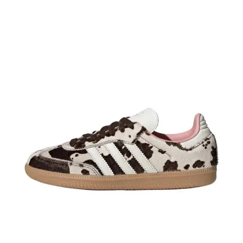 Women’s Adidas Samba OG Cow Print Casual Sneakers - Size 40, White Leather Vegan Luxe Upper, Dark Brown Animal Print Faux Cowhide, Gum Sole, Low Profile, Clean Stitching, Streetwear, Street-to-Casual Style, Walking Shoes, Sporty Chic