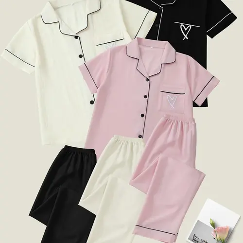 Women's Heart Embroidery Notch Collar Short-Sleeve Pocket Collared Pajama Set, Casual Comfy Shirt & Shorts Sleepwear & Loungewear for All Seasons