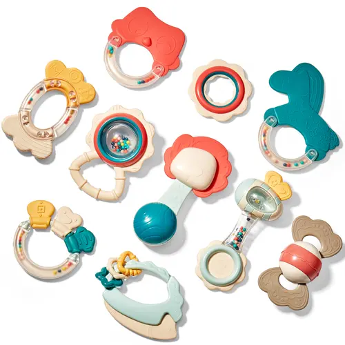 hahaland Sensory Teether Baby Rattle Sound Toys - Easy Grip Animal Keys with Multiple Shapes, 0-12 Months Infant Montessori Gifts, Easter Basket Stuffers, Pacifier Clip Nursery Essentials