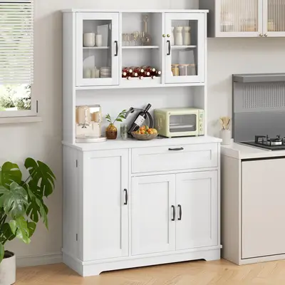 Walsunny Adjustable Kitchen Pantry Storage Cabinet, Freestanding Buffet Cabinet with Microwave Stand, 4 Door Shelves, Adjustable Shelves & Wine Rack, White