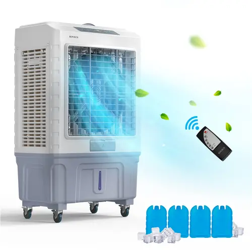 ROVSUN Portable Air Cooler, 5.2/7.9/10.5/13.2/15.8Gal/ Evaporative Swamp Cooler, 3-IN-1 Cooling Fan with Remote Control, 12H Timer & 4 Ice Box, 3 Speeds, Humidifying Oscillating Fan for Indoor or Outdoor summervibes Rechargeable